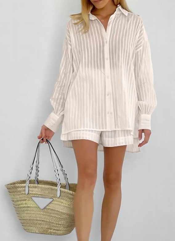 Women Striped 2 Piece Outfit Long Sleeve Button Down Shirt + Casual Short Set