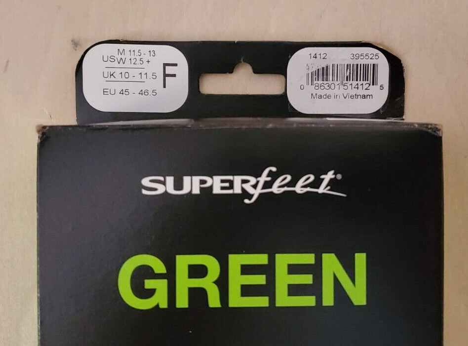 Superfeet Green Insoles Orthotic Arch Support Size F Men’s 11-13 Womens 12.5+ US