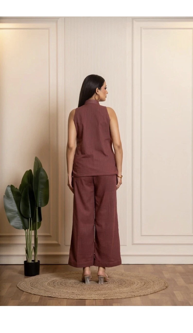 Brown Cotton Slub Co-ord Sets, Top & Palazzo Set, Two-Piece Outfit, Co ord Set
