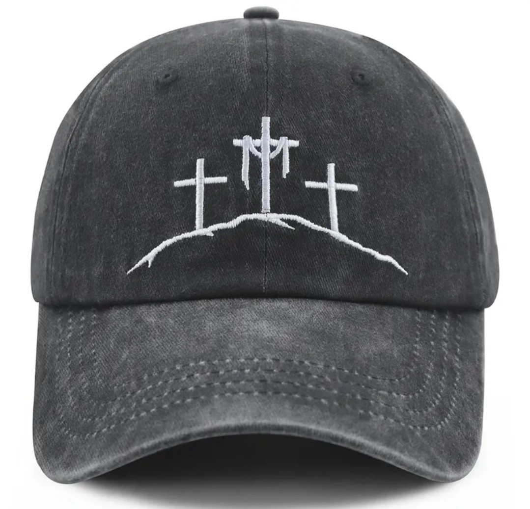 Christian Cross Hat 100% Cotton Adjustable Cap Embroidered 3 Crosses