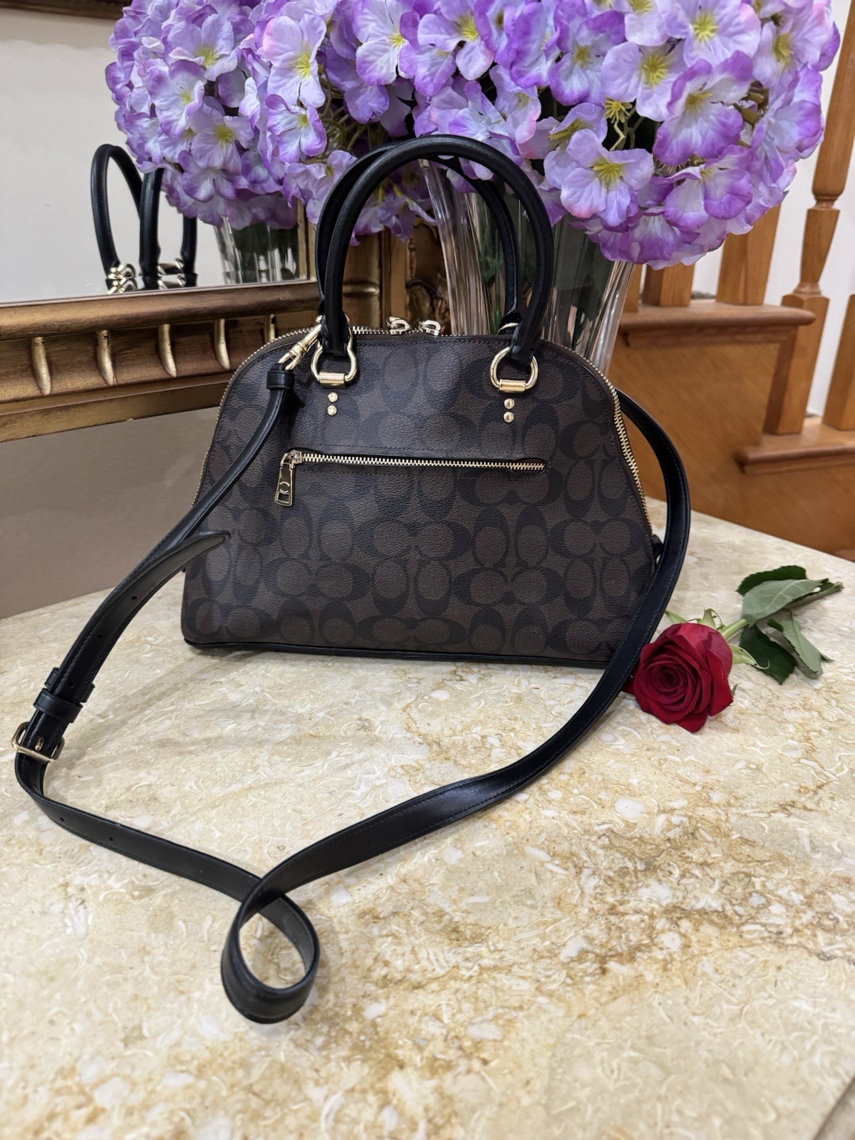 Coach Signature Dome Satchel Black/Gray Gold Hardware Zip w/ Detachable Strap