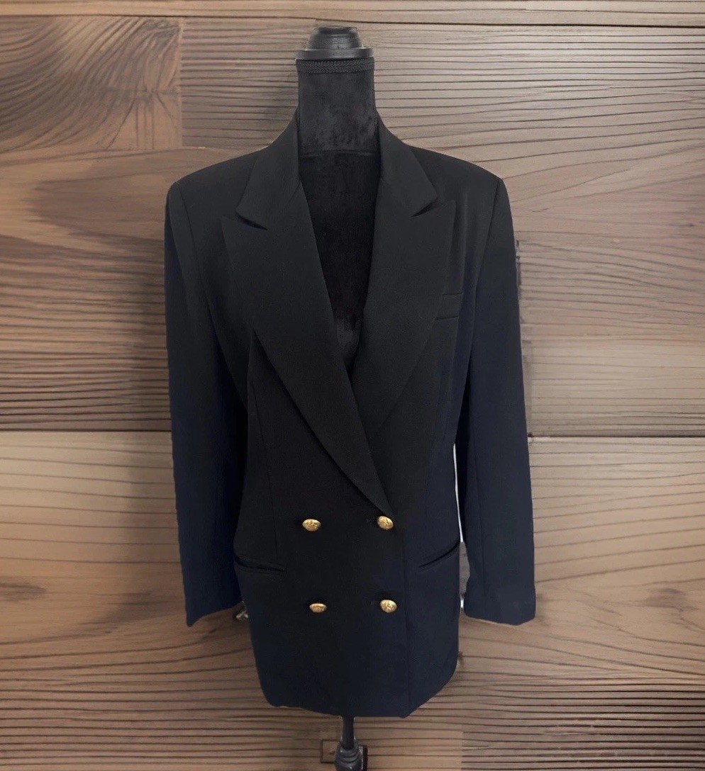 Hugo Buscati Doubled Breasted Black Blazer With Gold Crest Buttons Size 10