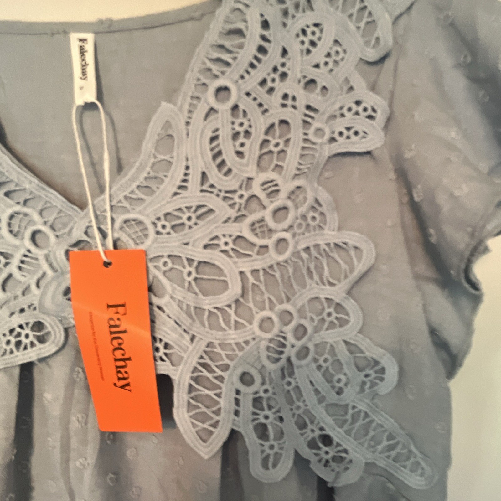 Falechay Blue Solid Lace V-Neck Pullover Short Ruffle Sleeve Blouse S