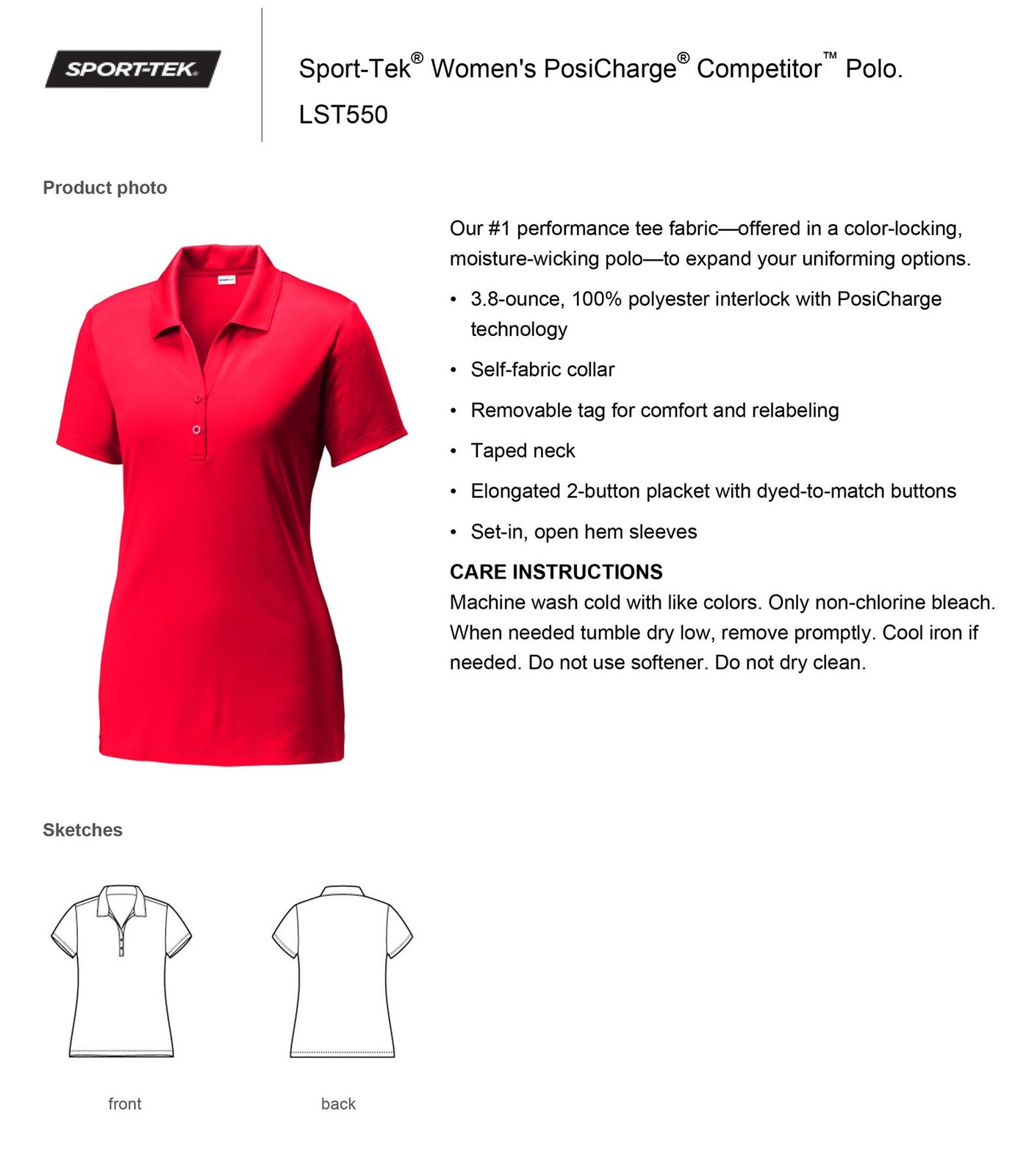 Sport-Tek Women’s Elongated 2-button placket 100% polyester Polo Shirt LST550
