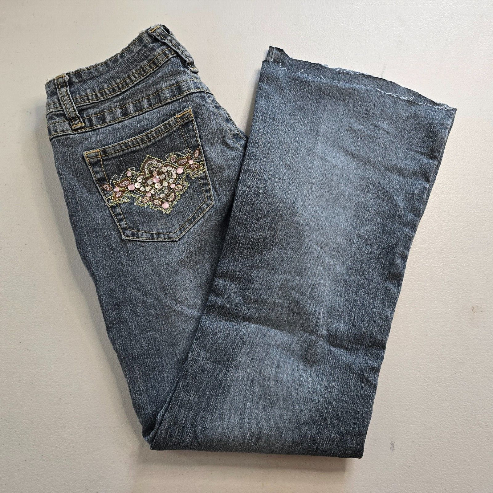 Angels Jeans Juniors 3 / 28 Blue Flare Raw Hem Ankle Embordered Sequin Bejeweled