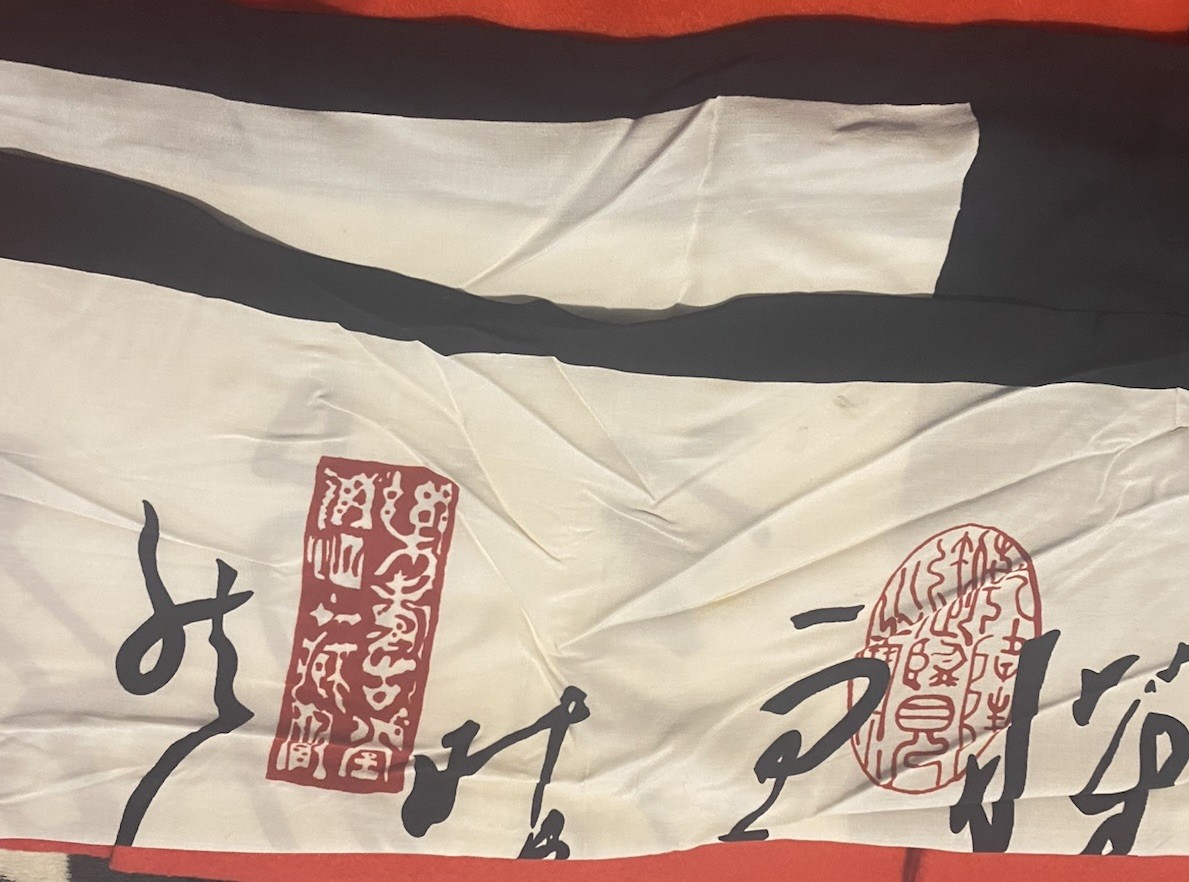 Van Klee Silk Scarf with Abstract Black and Red Calligraphy Pattern