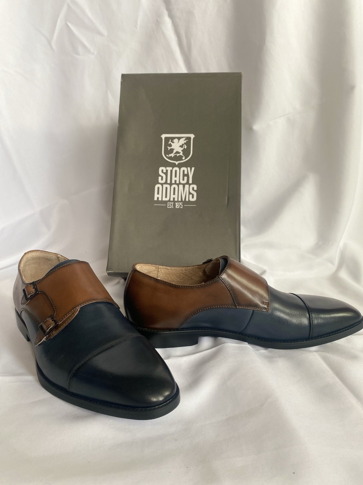 Stacy Adams Raythorne Cap Toe Double Monk Strap Navy Brown Leather Oxford Men 11