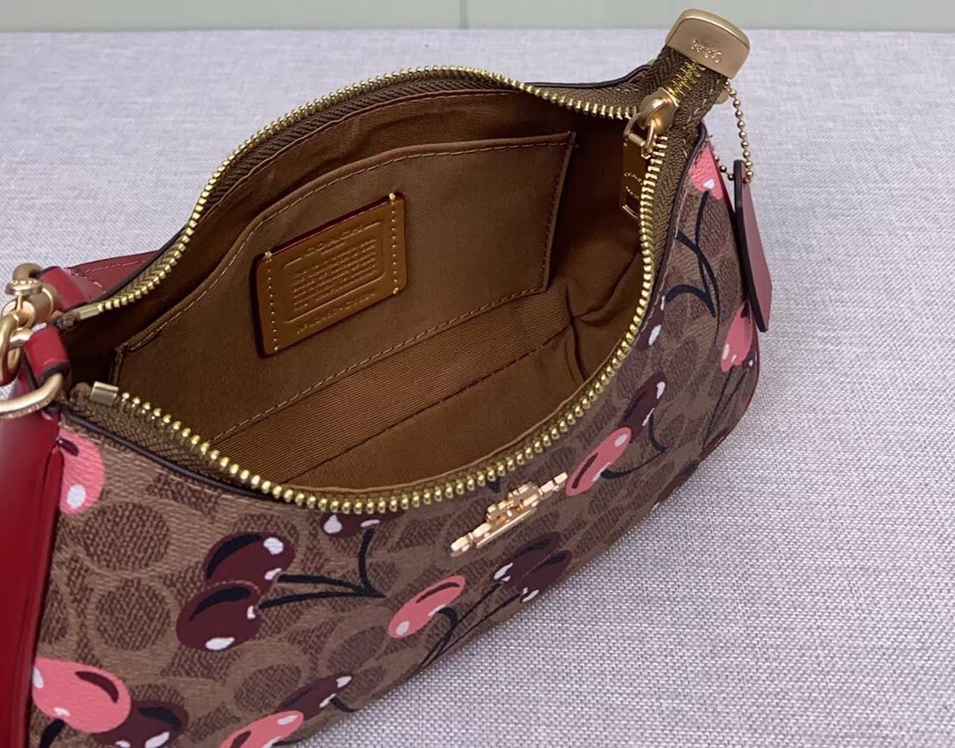COACH CY694 Teri Shoulder Bag Signature Canvas Cherry Print Tan Brown