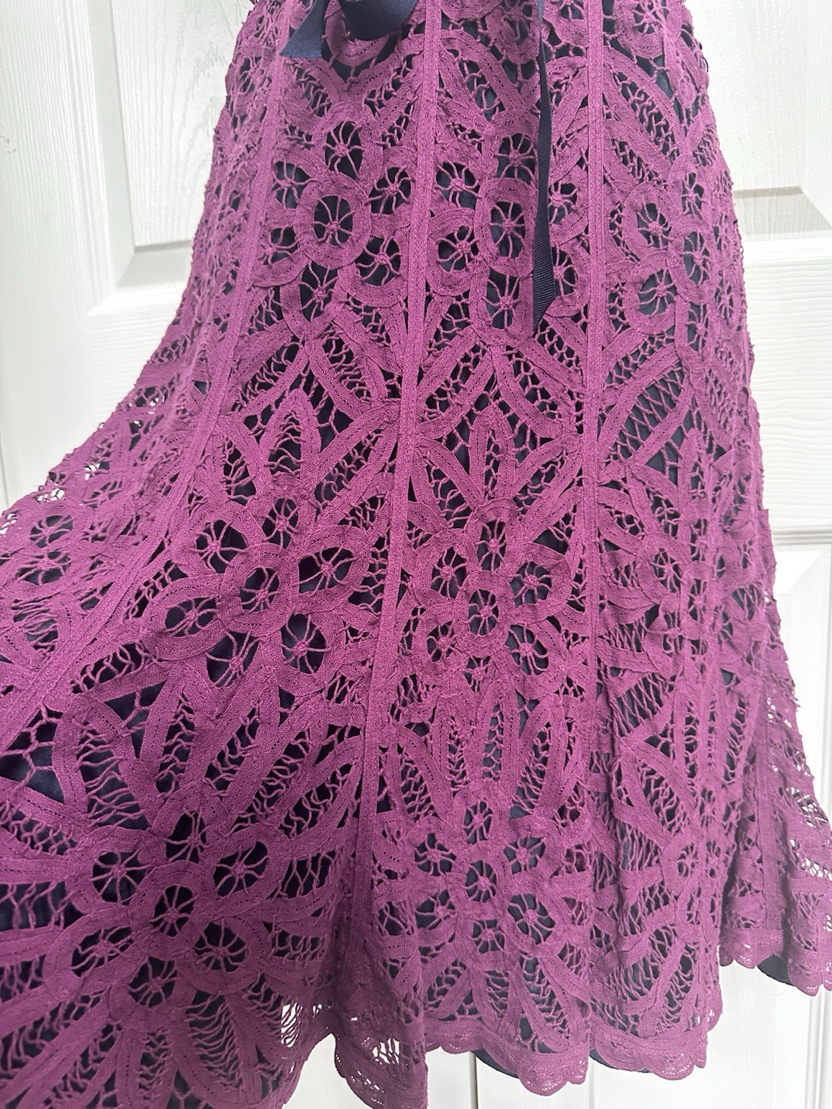 Betsey Johnson 1990s SZ 4 Purple Crochet Lace Overlay Over Navy Silk Navy Trim