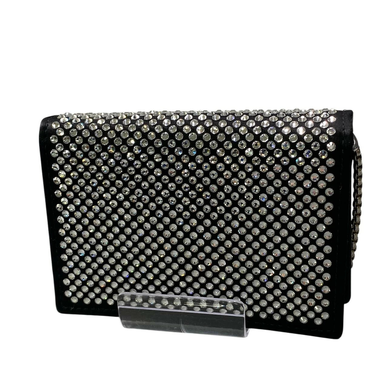PRADA Rhinestone Flap Card Holder Mini Bag Black Silver ta1