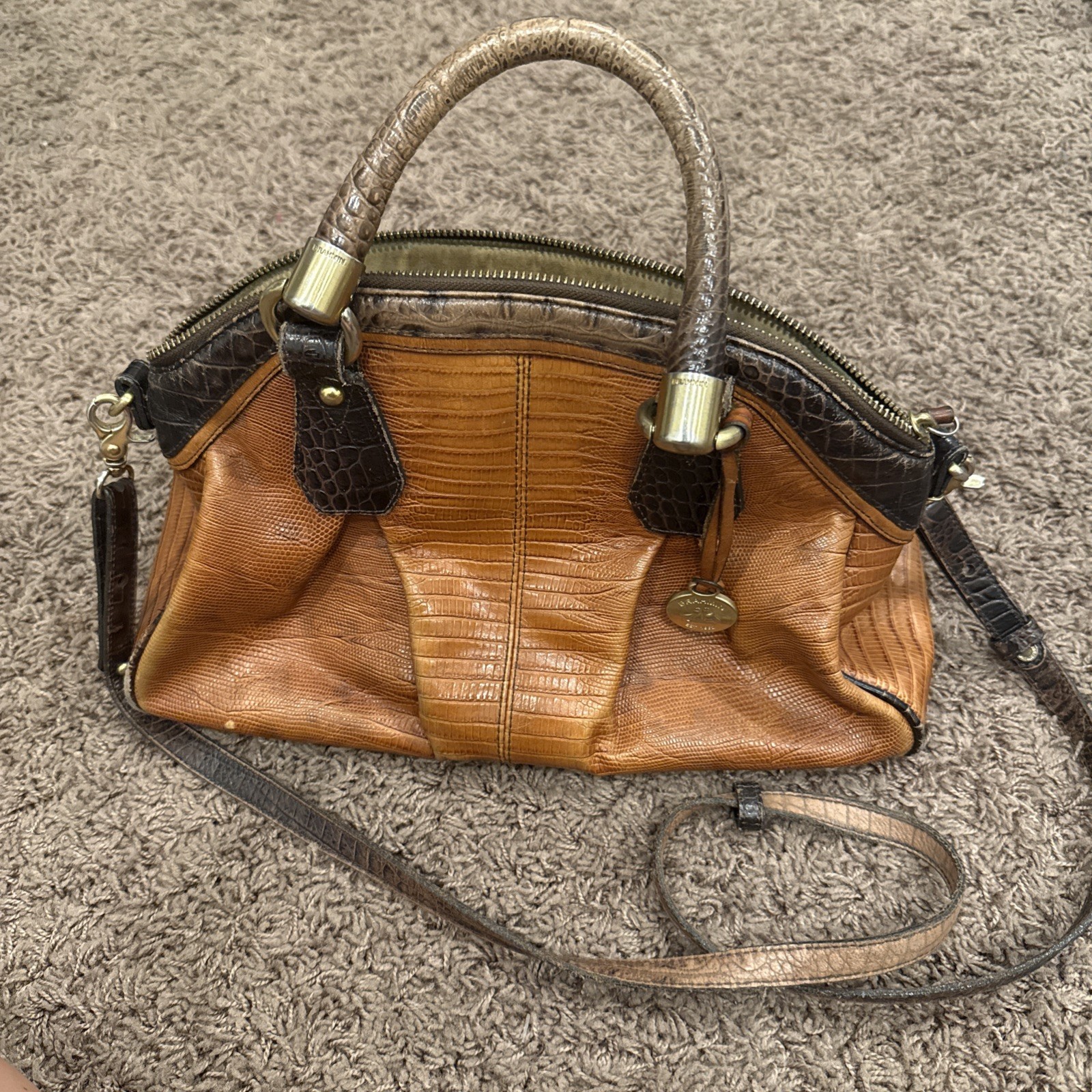 Brahmin Brown Embossed Animal Print Satchel Top Handle Zip w/ Detachable Strap