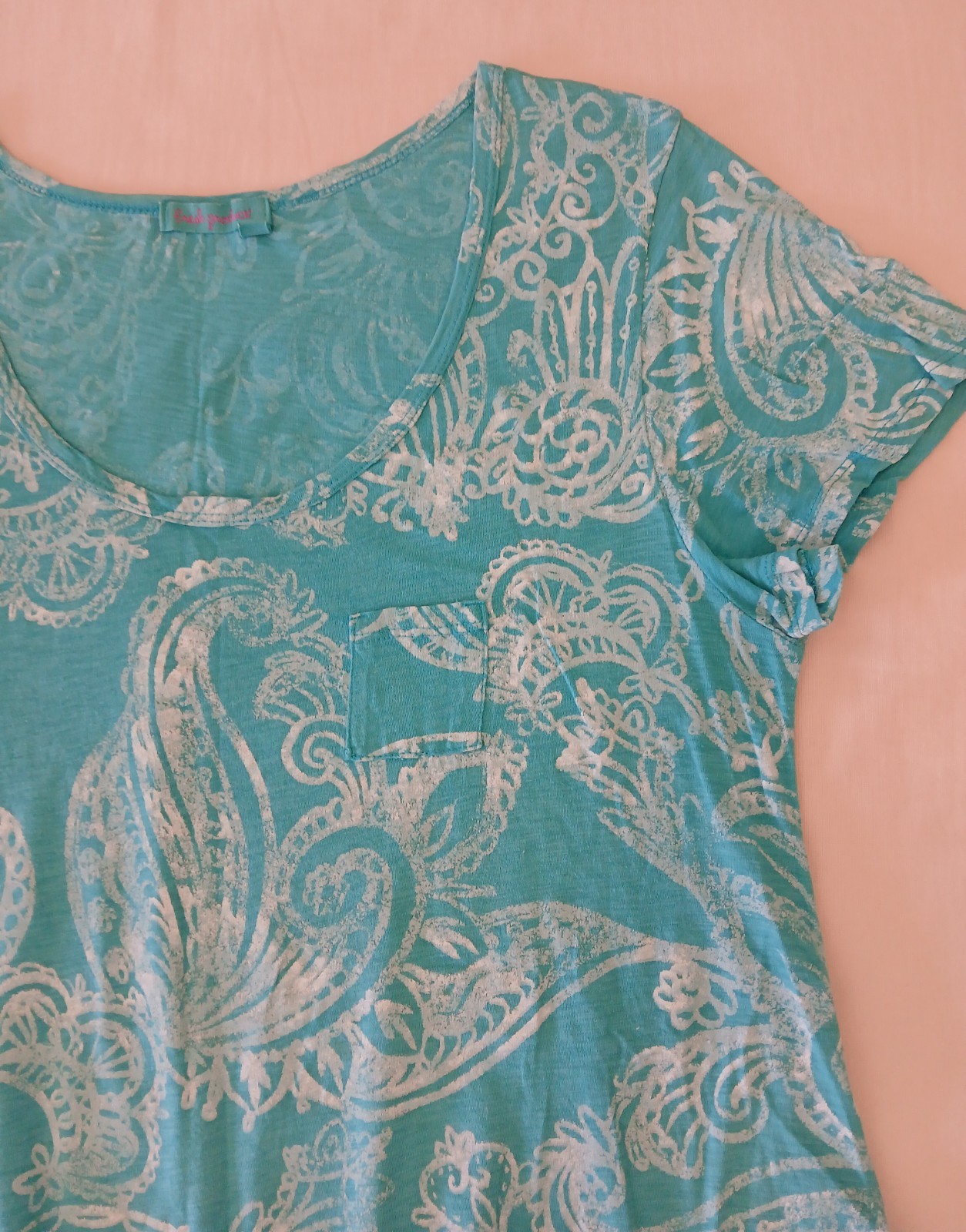 Fresh Produce Women’s Tunic Top XL Turquoise/White Paisley Cotton Knit Scoop