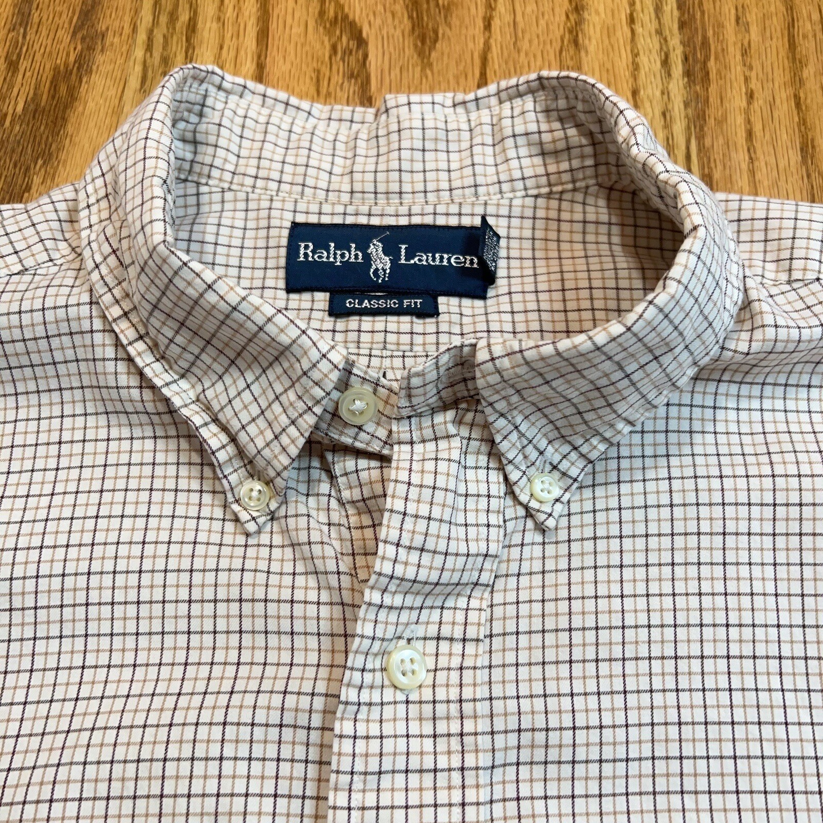 Ralph Lauren Mens Button Down Shirt 18 34-35 Classic Fit Beige White Check Plaid
