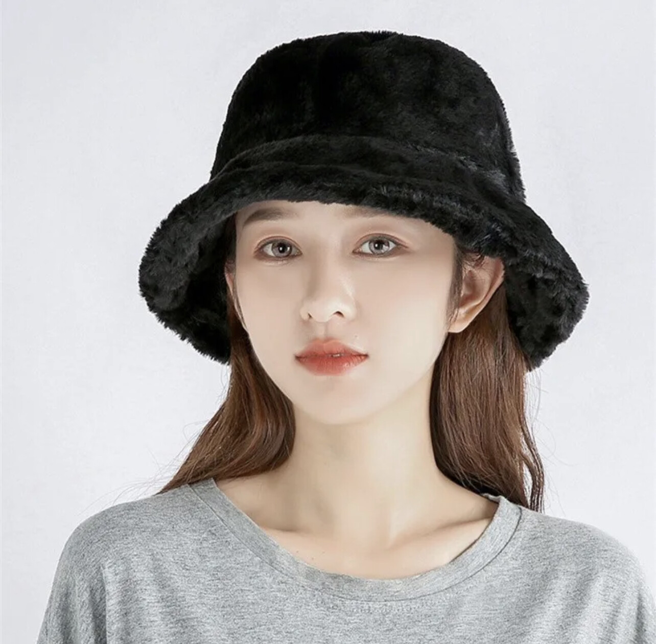 Soft Women Plush Cute Winter Bucket Hat Wide Brim Fluffy Fisherman Faux Fur Cap