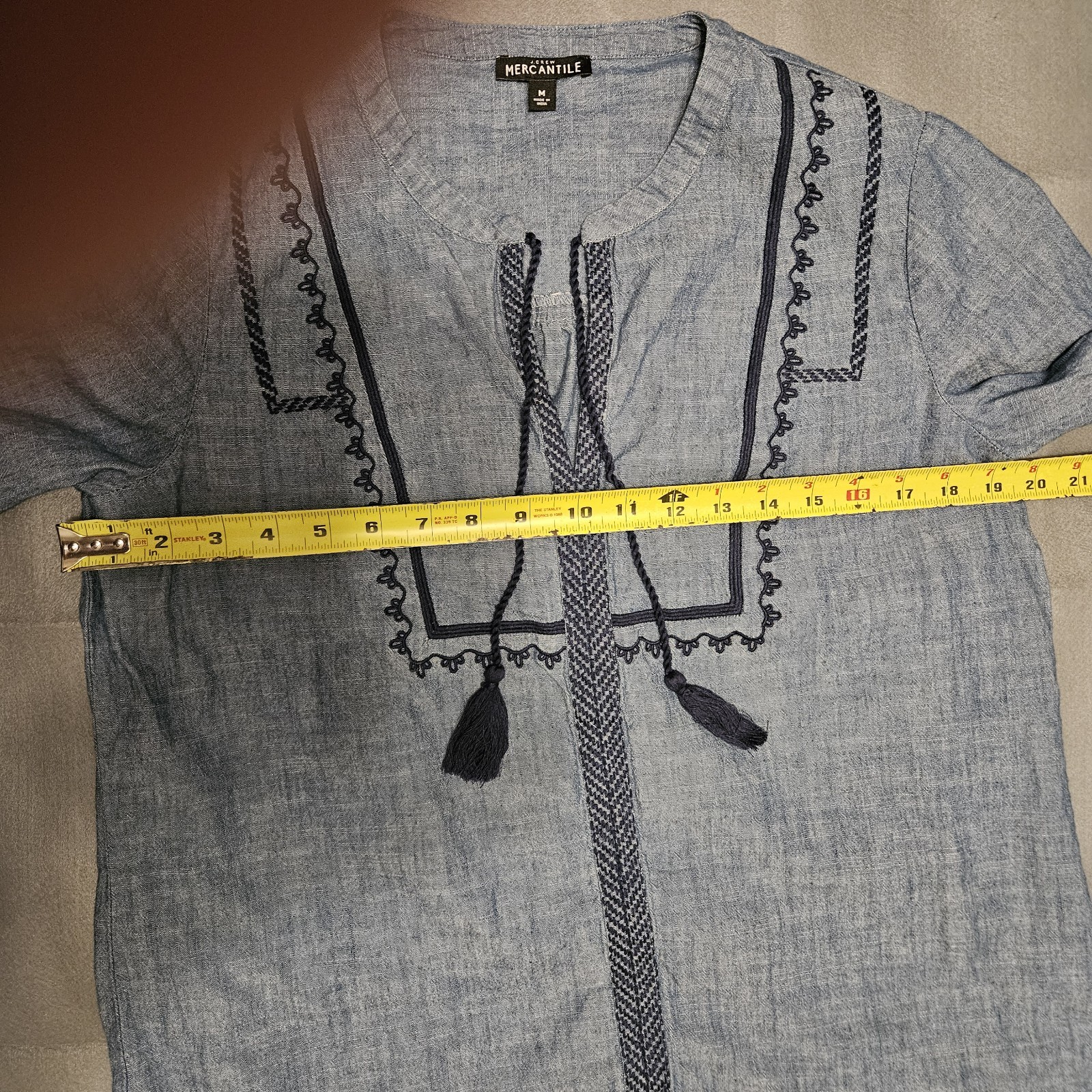 J.CREW Mercantile Blue Chambray Embroidered Tassel Tie Split Neck Blouse M