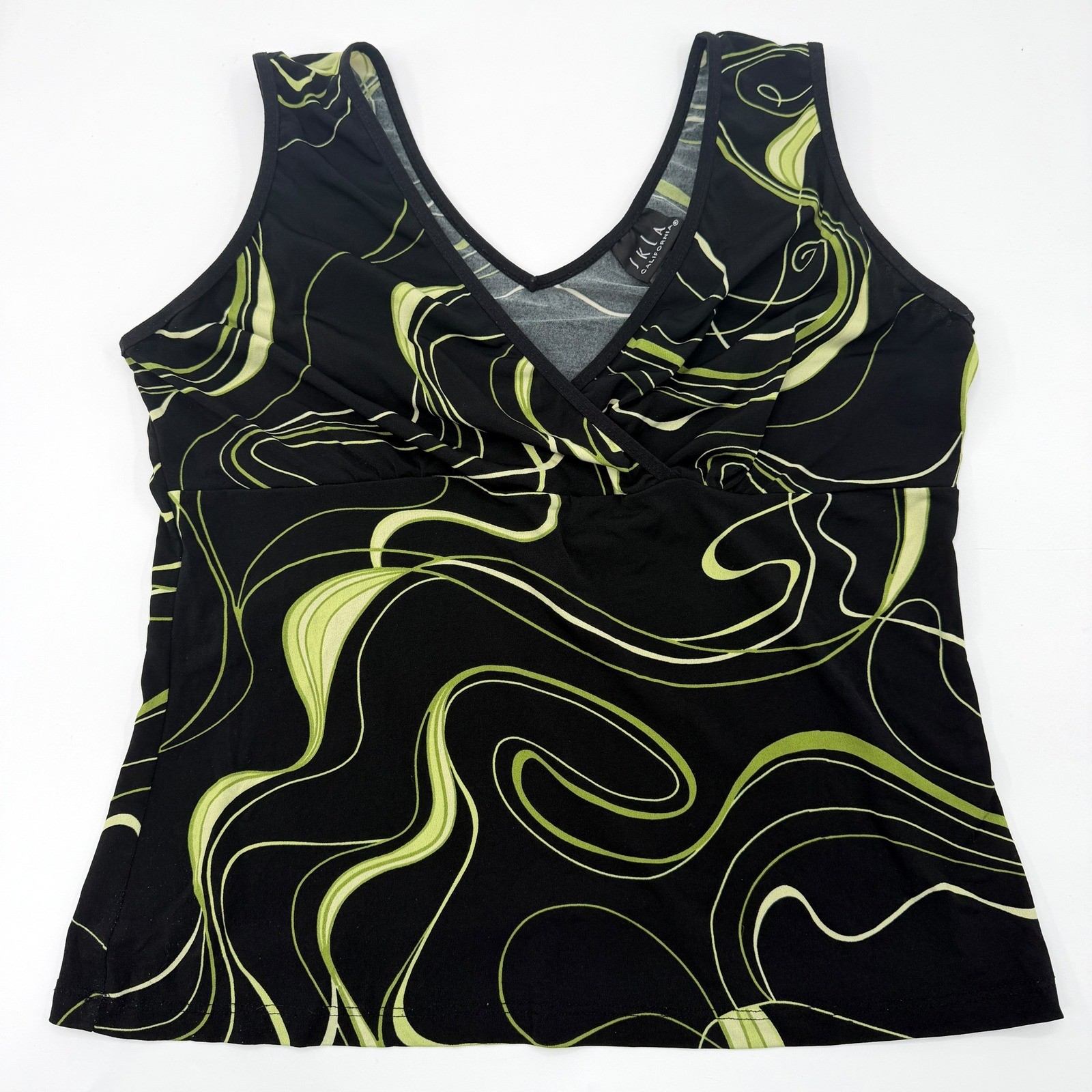 Vintage Y2K Babydoll Stretch Tank in Geometric Swirl Black Neon Green Size L