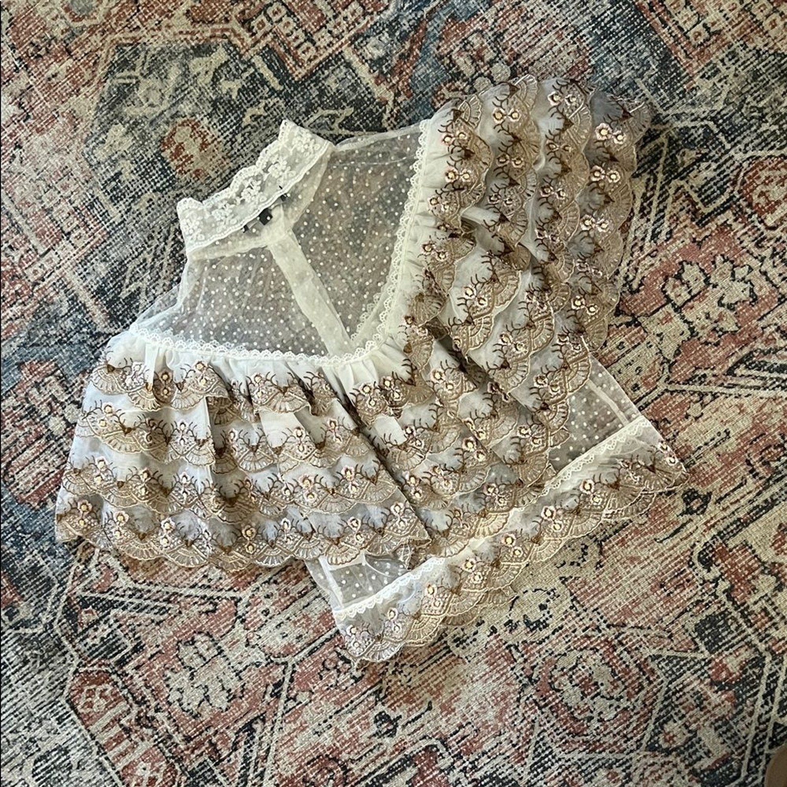 BEULAH Style Victorian-Inspired White Lace Blouse with Golden Embroidery Size: S