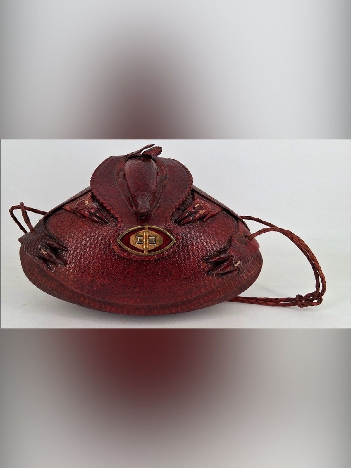 Vintage 1940s Armadillo Taxidermy Purse Leather Braided Strap Red Lining