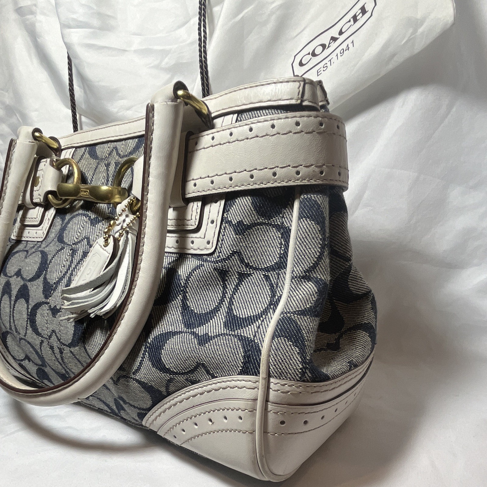 Coach Signature Logo Satchel Shoulder Bag, Blue/White, Tassel Charm, Zip