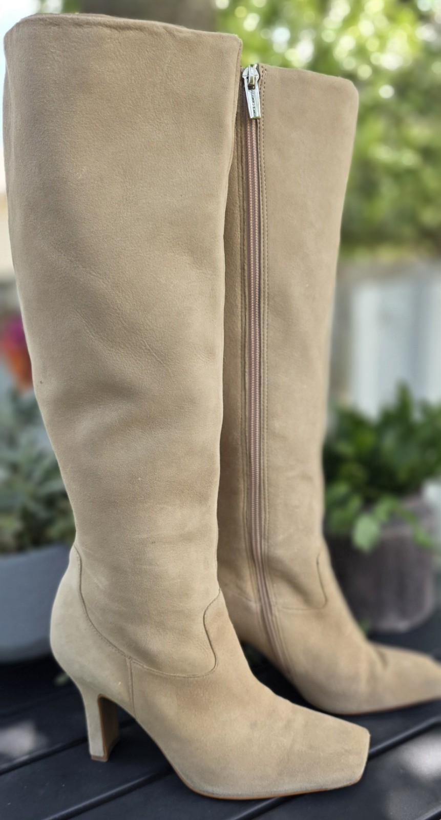Vince Camuto Kalinder Beige Suede Knee High Zip Boots Lined Square Toe US 8
