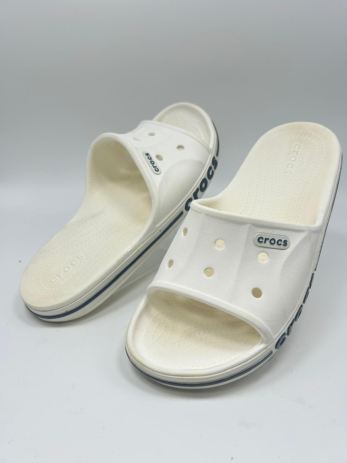 Crocs Bayaband Slide W7 M5 White Rubber Open Toe Slip On Flat Comfort Shoes