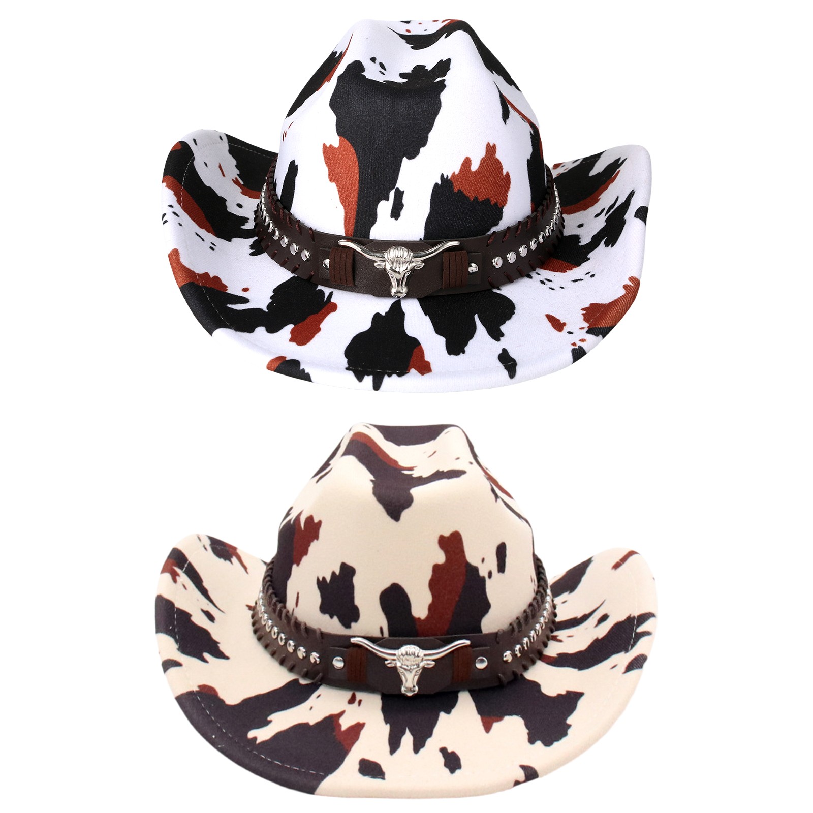 Women Western Cow Print Wide Brim Cowboy Hat with Cow Head Rivet Belt Decoration