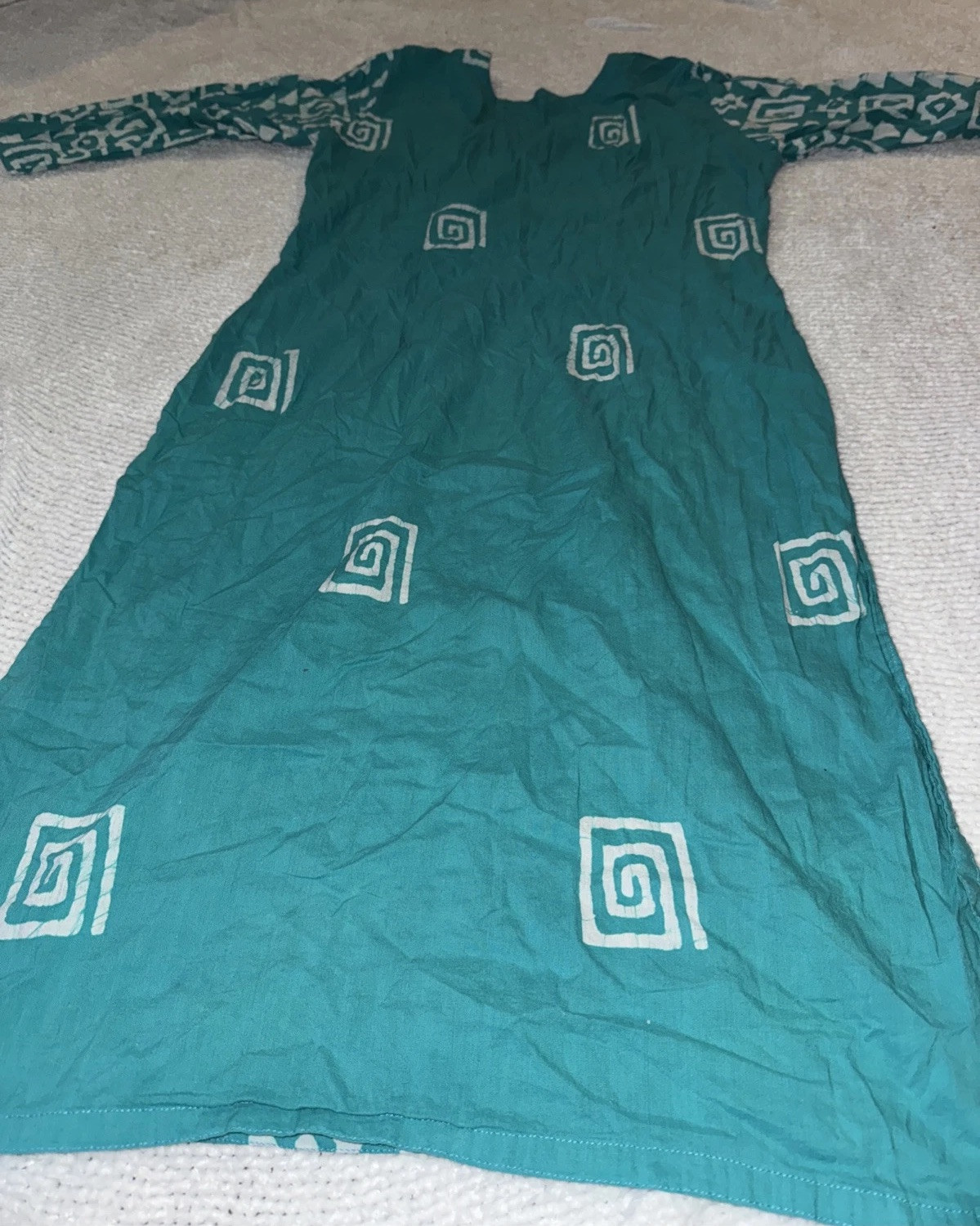 Handmade Green & White Tunic Kurta 3/4 Sleeve Flared Silhouette Pullover Dress