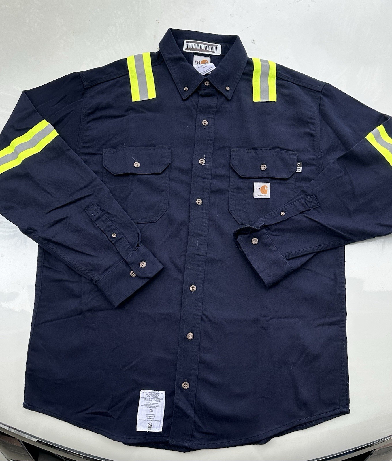 Lot Of 2 Carhartt FR Hi-Visibility Cotton Work Shirts Medium LJ CAT 2 NFPA 2112
