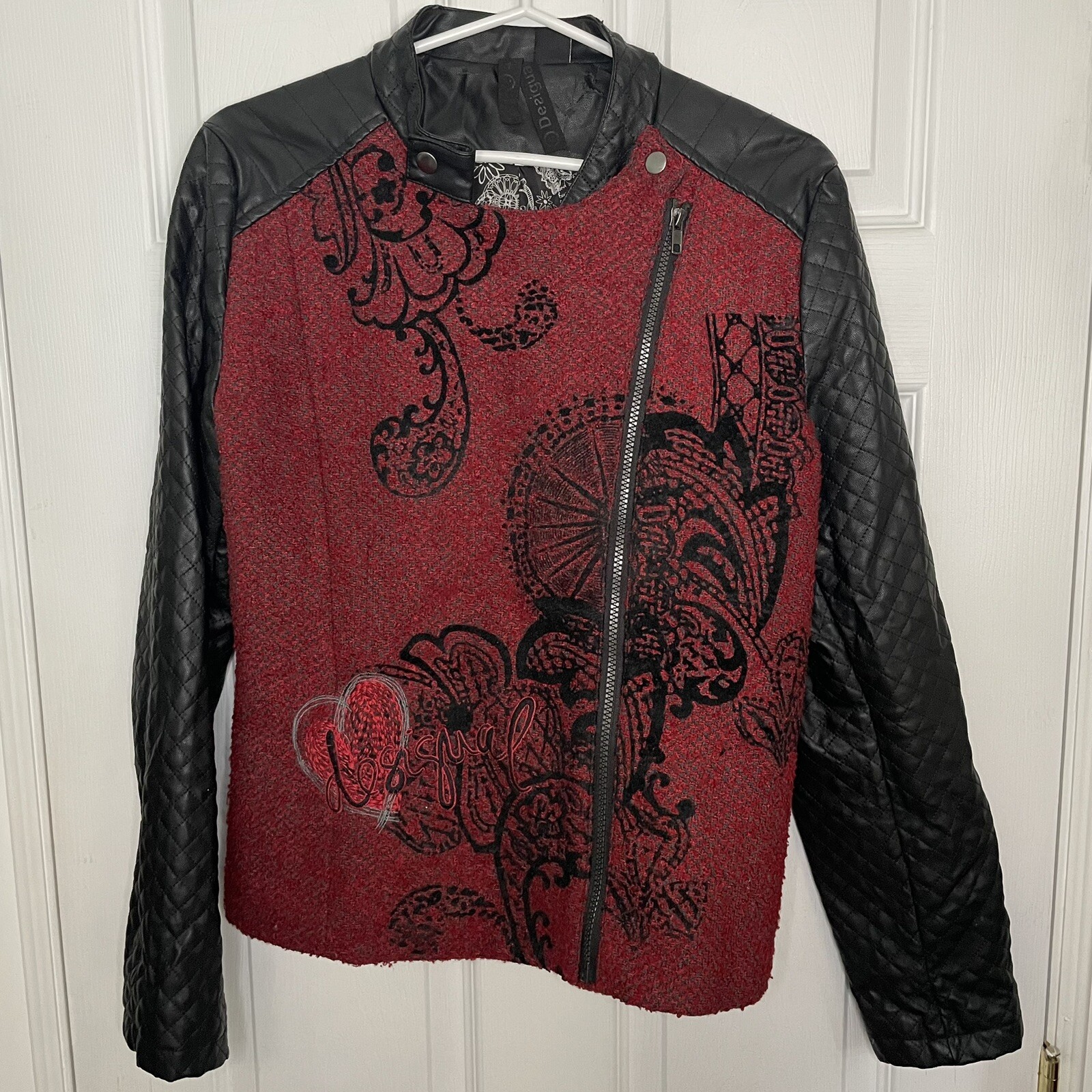 Desigual Wool Blend and Vegan Leather Black and Red Moto Jacket 42