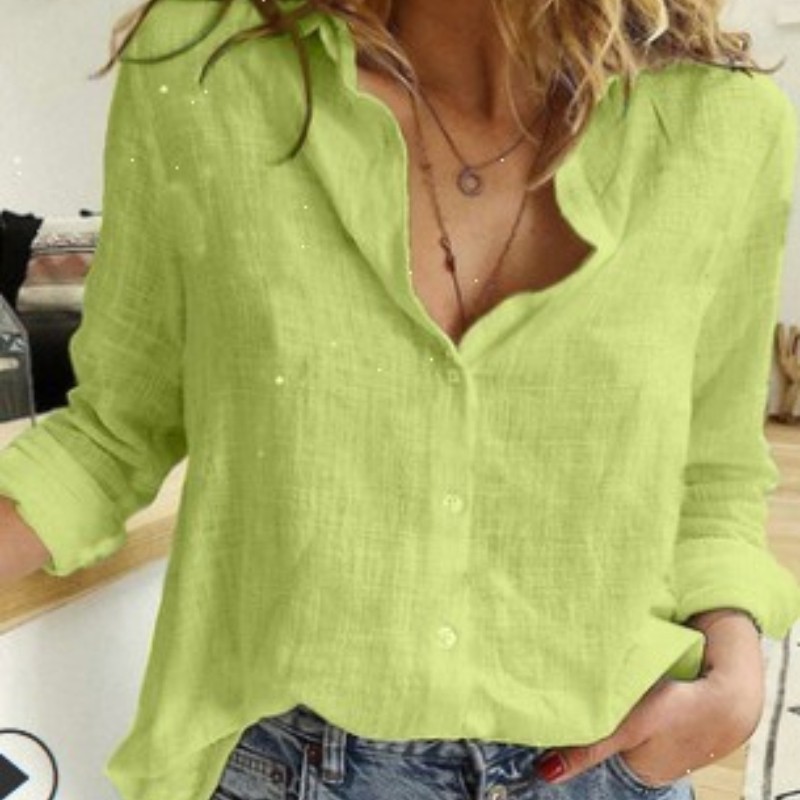 New Spring Autumn Women Solid Color Casual Loose Long Sleeved Linen Shirt Tops