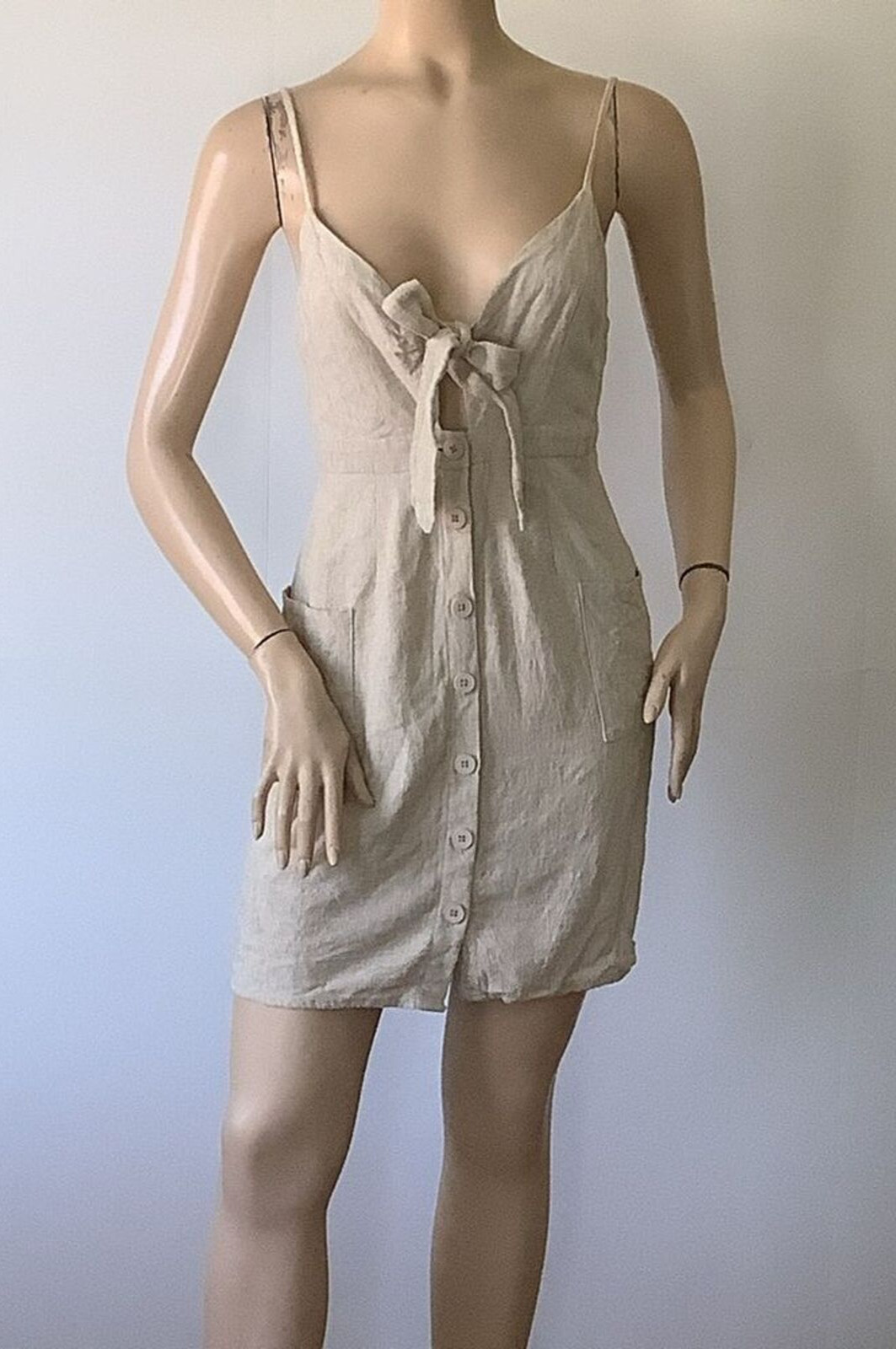 EVERLY Linen Blend Natural Oatmeal Shade Thin Adjustable Strap Dress (Size S)