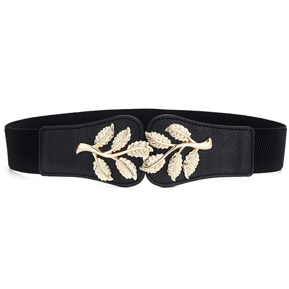 Gold Leaf Elastic Waist Belt for Women Wide Fashion Buckle Dress Skirt Us
