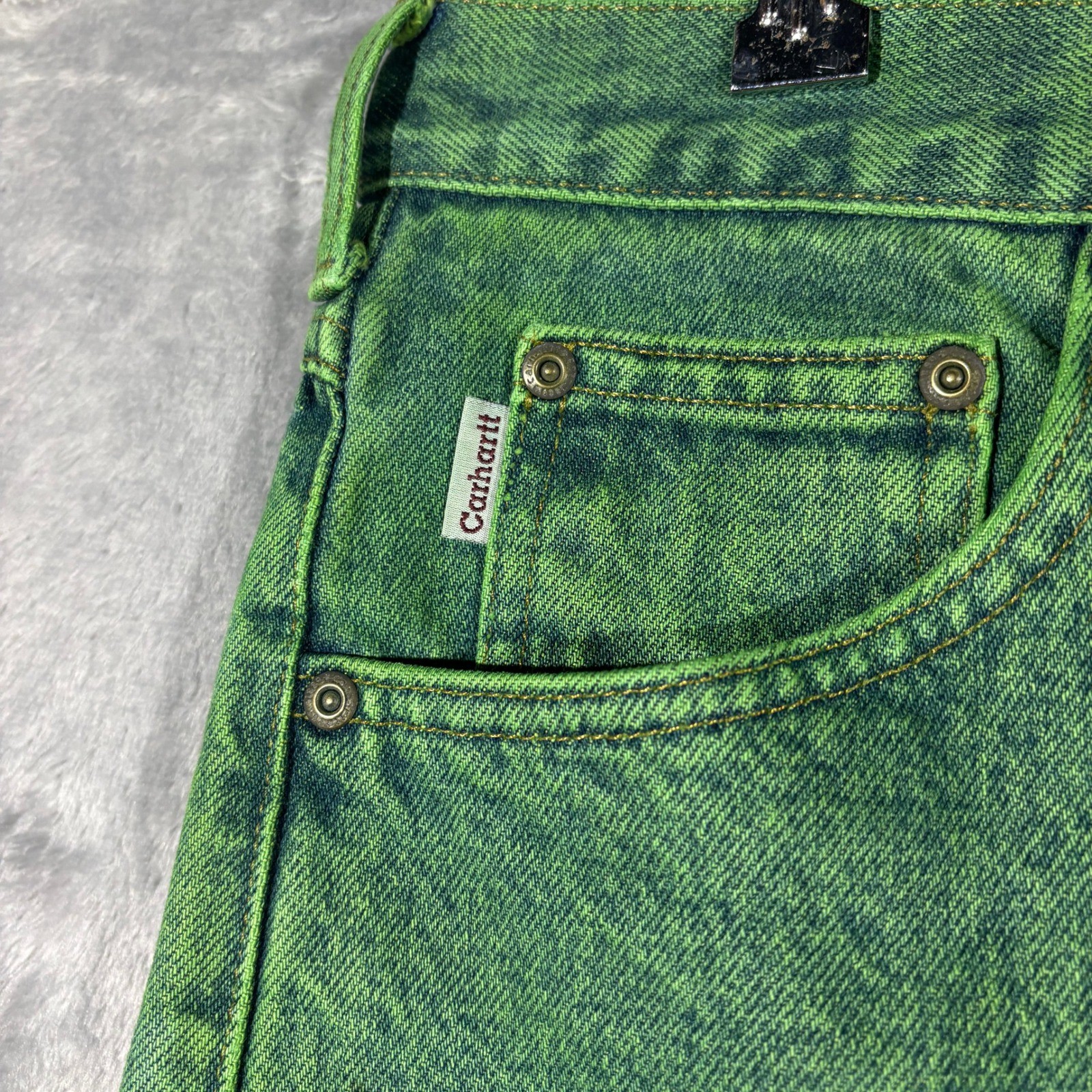 Carhartt Denim Jeans Men 35×32 B17 STW Relaxed Fit Green Hand Graphic Custom Dye