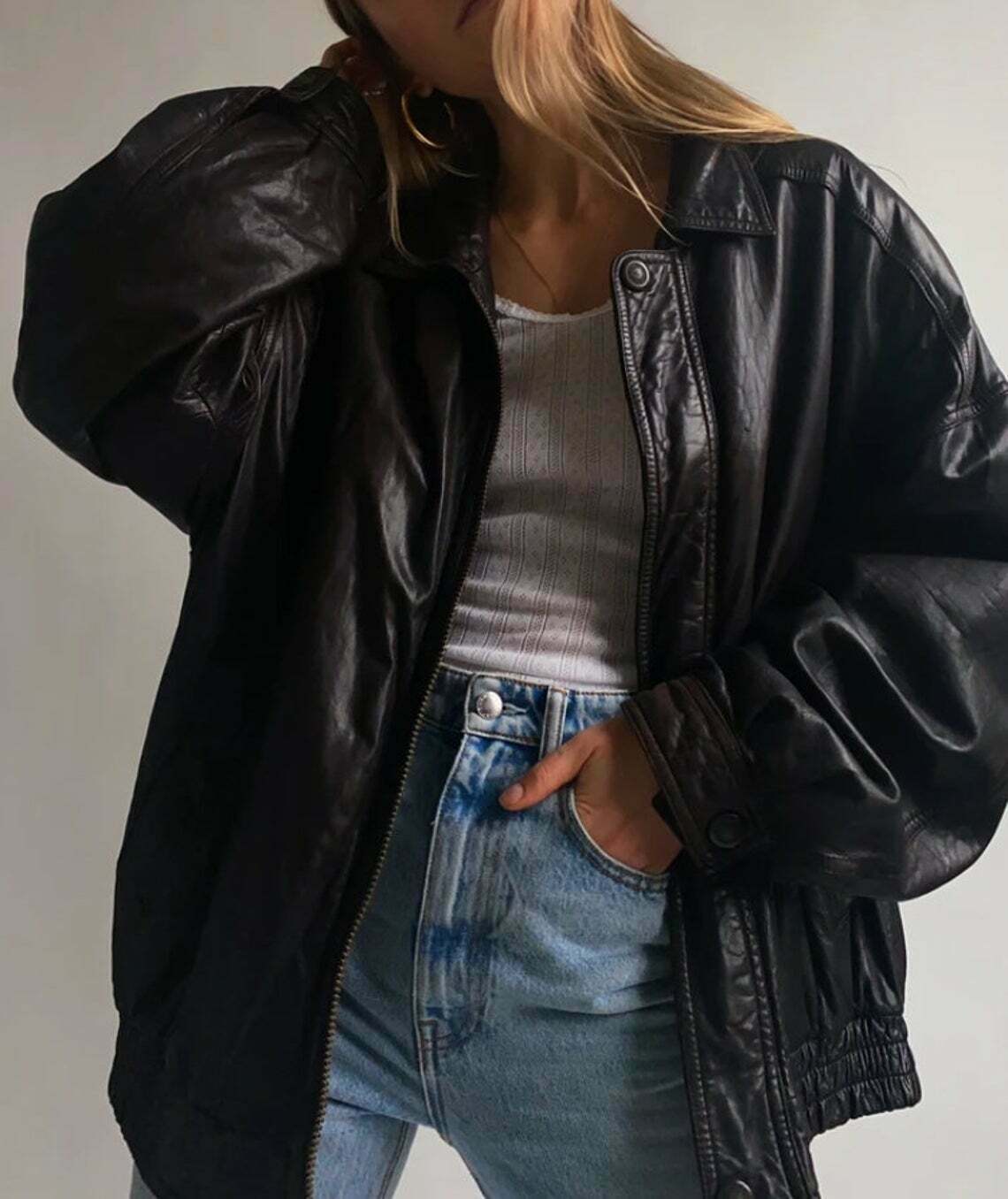 Women 90’s Fashion Leather Jacket Vintage Black Leather Oversized Bomber Jacket