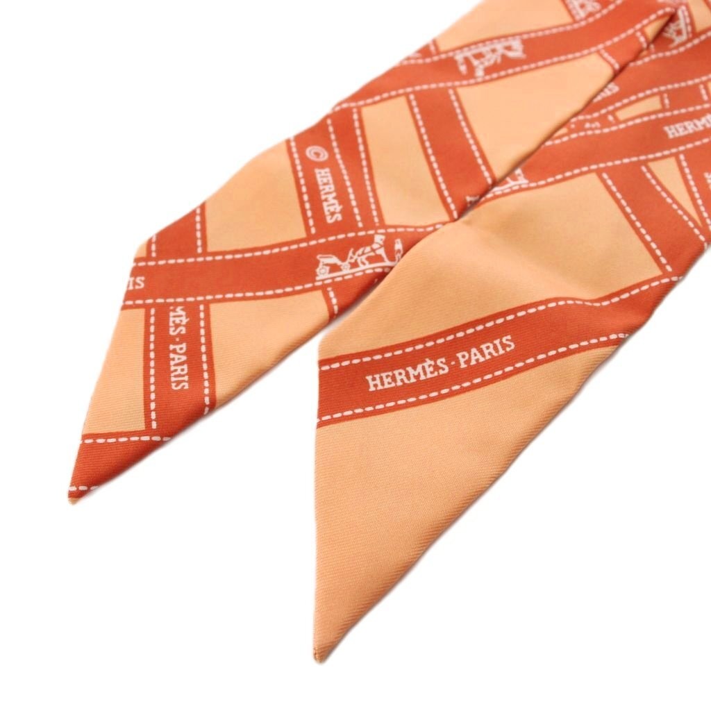 Hermes Twilly Bolduc Au Carre Scarf AN75 Silk Orange 82cm Length 4.8cm Width