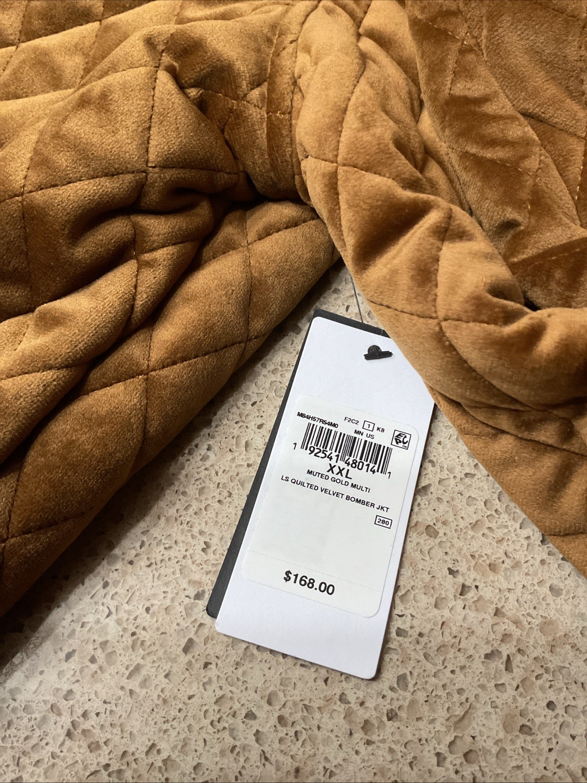 Mens Guess Jacket Velvet Quilted Full Zip Bomber Sz XXL Muted Gold 48×28” New