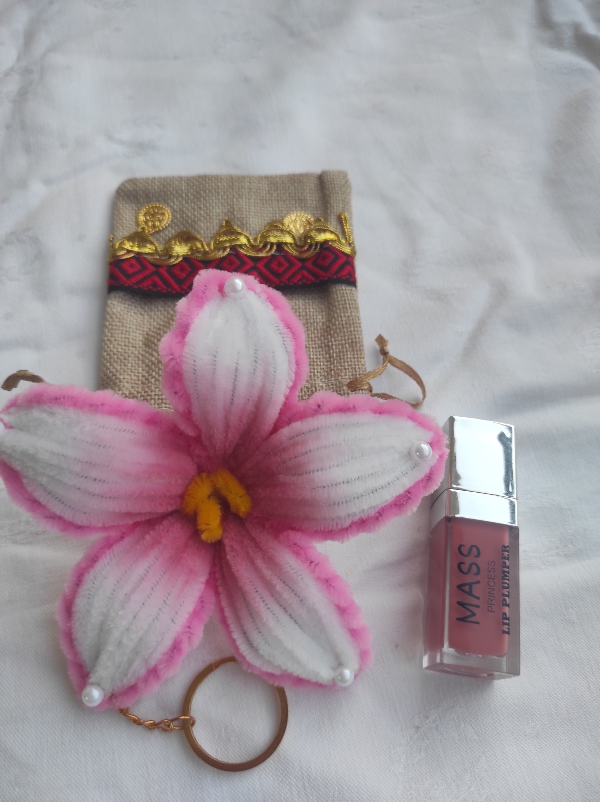 ​Handmade Pink Flower Bag Charm – Artisan Floral Keychain – Unique Handcrafted A