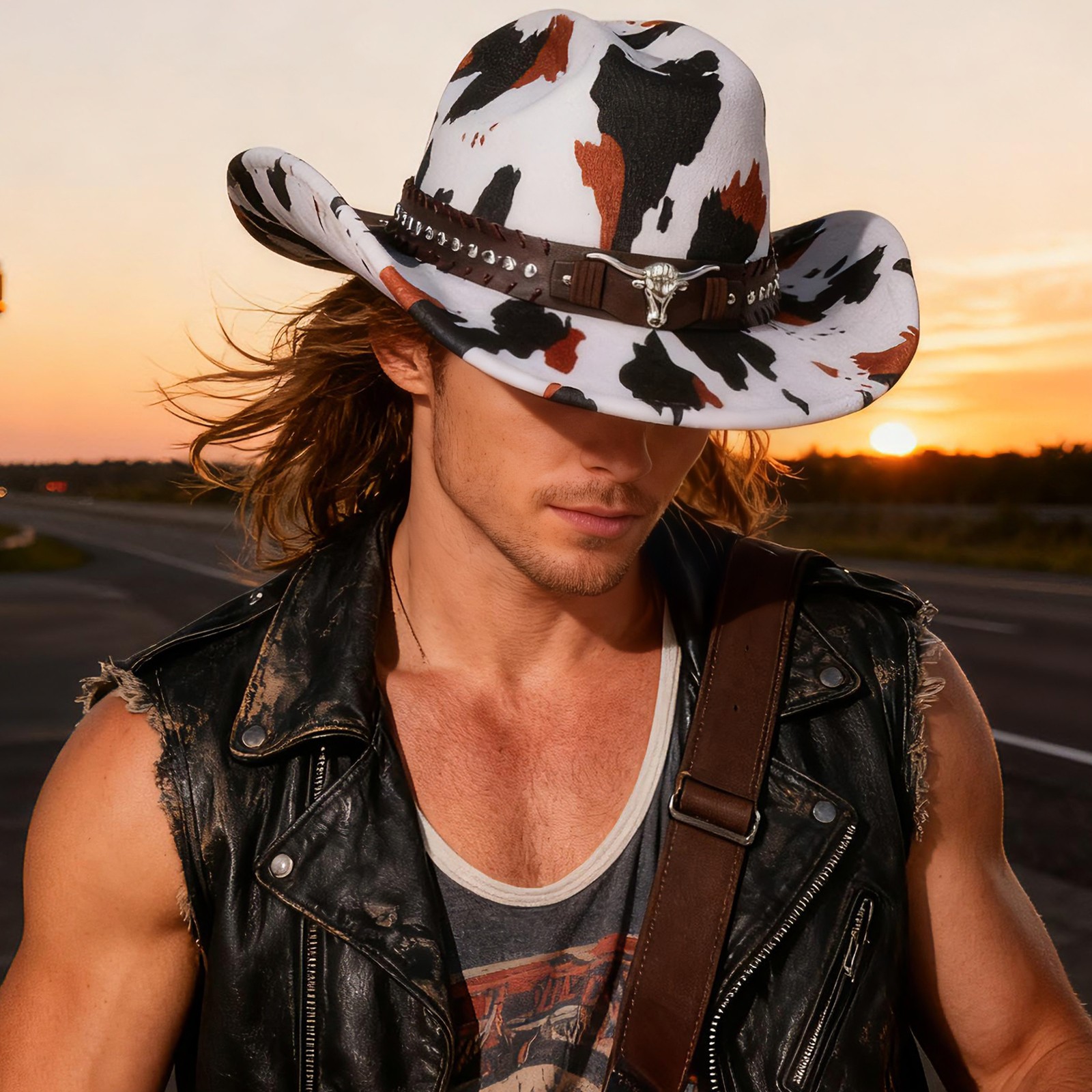 Women Western Cow Print Wide Brim Cowboy Hat with Cow Head Rivet Belt Decoration