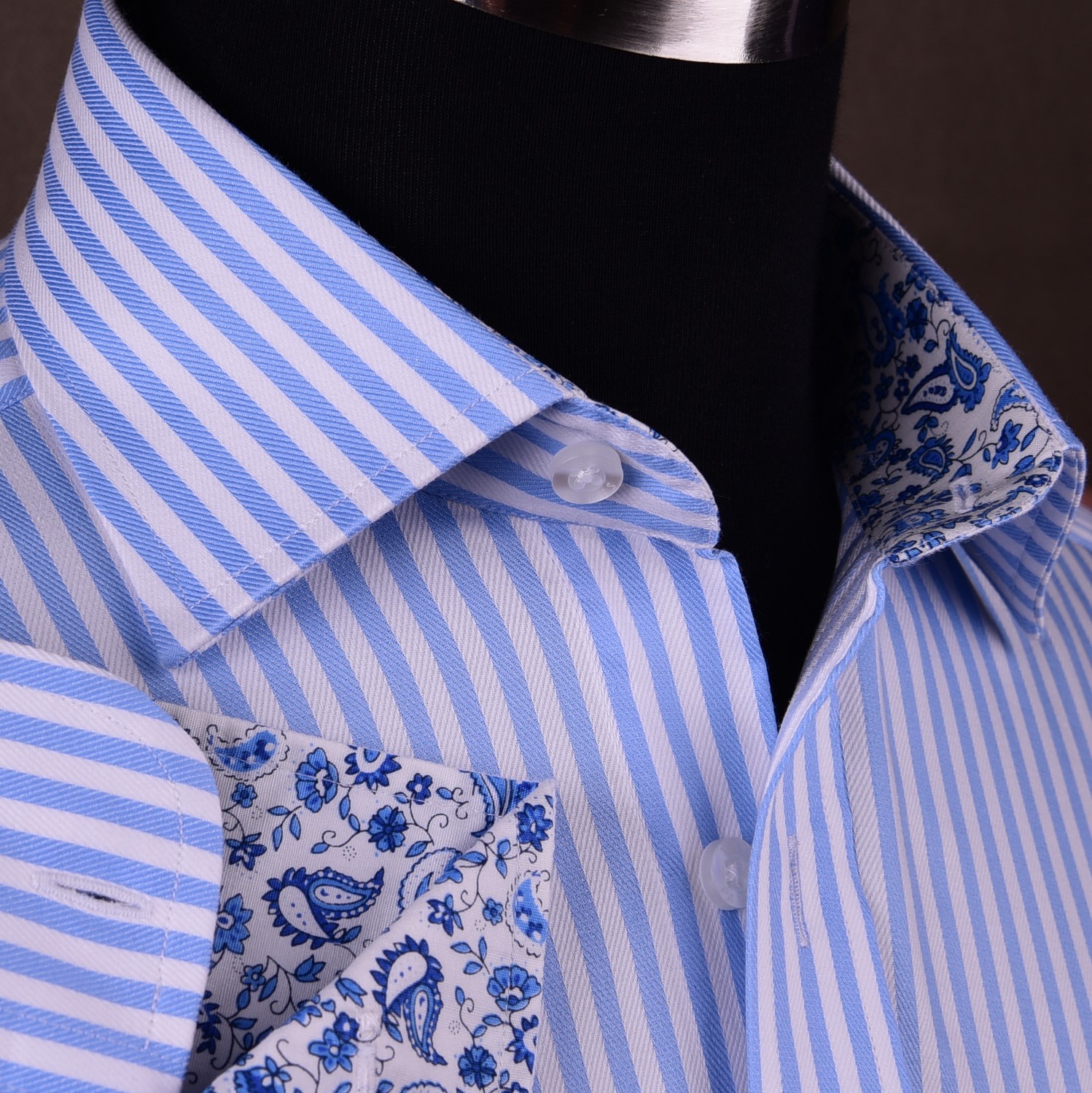 Mens Blue Formal & Business Dress Shirt Herringbone Twill Striped Floral Paisley