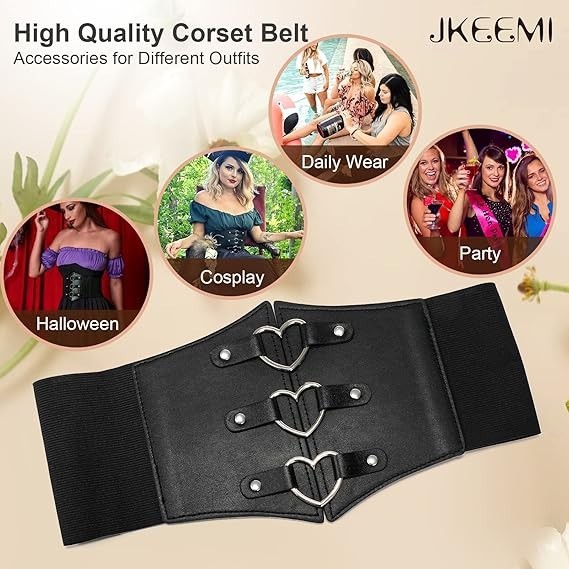 “Black Corset Belt for Women Plus Size Wide Elastic Rivet Heart-Ring Belt for Dr