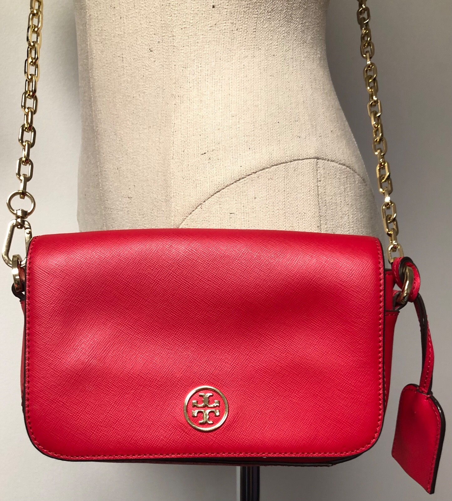 TORY BURCH EMERSON WOMEN’S CROSSBODY BAG BRILLIANT RED W GOLD TONE LOGO & CHAIN
