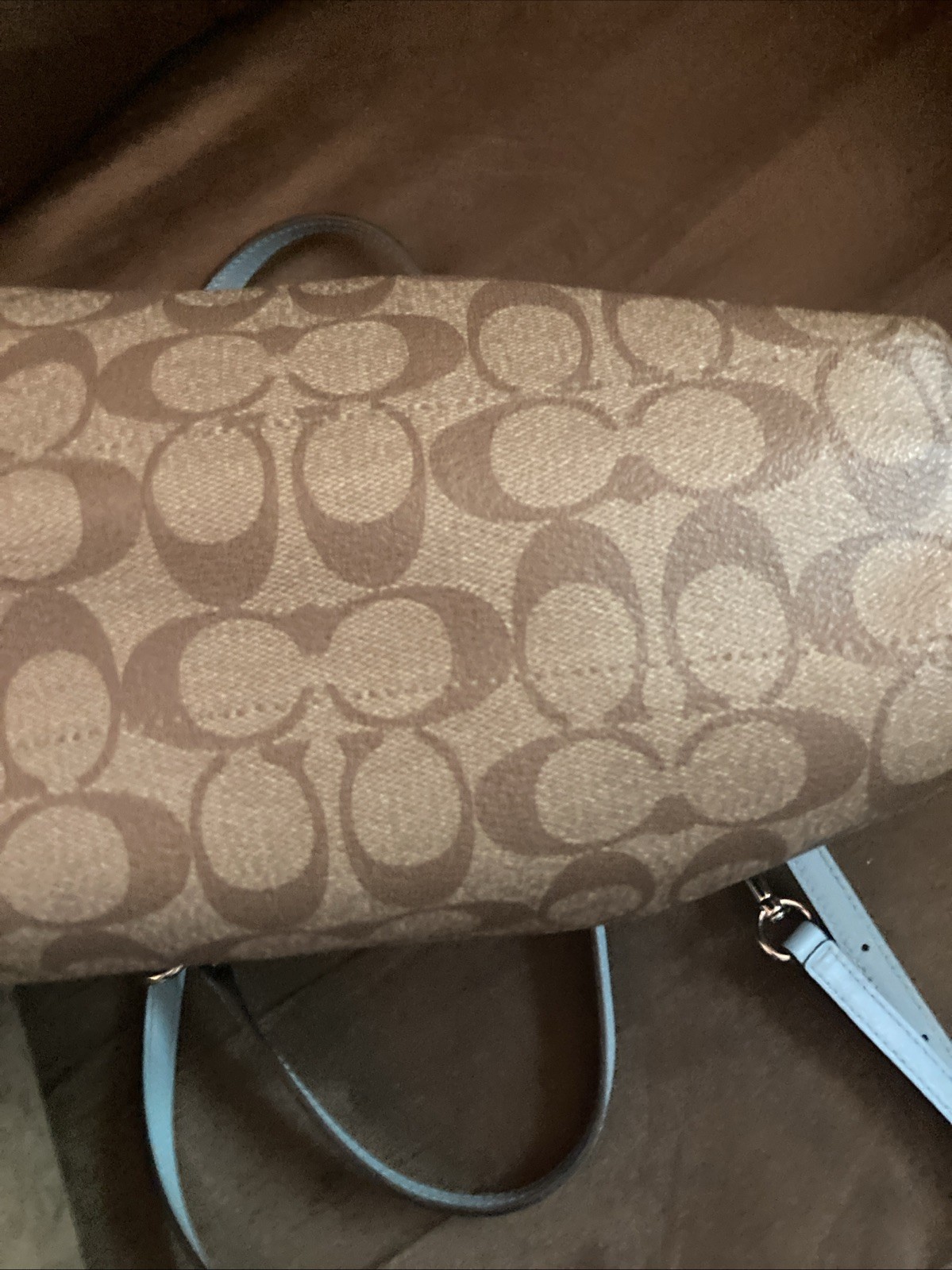 Coach Vintage Crossbody in Light Brown with Powder Blue Handles & Strap 13x9x3