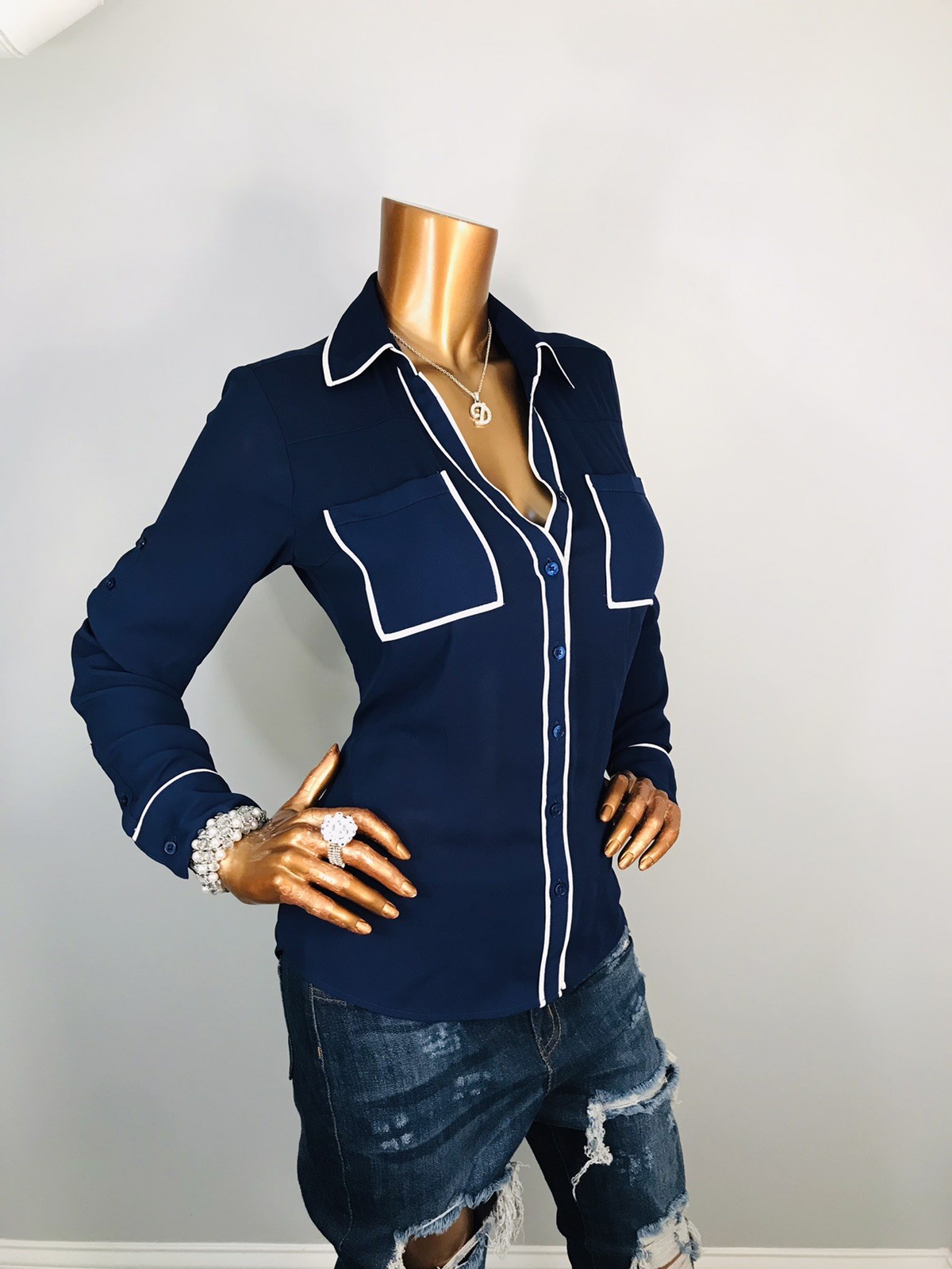 Express Portofino S Top Navy White Logo Button Up Shirt Long Sleeves Low Cut