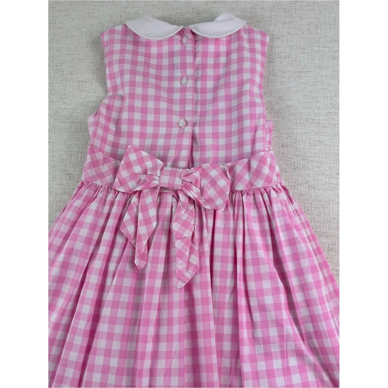 Janie and Jack girls 7 Pink Gingham Sleeveless Smocked Dress Peter Pan Collar