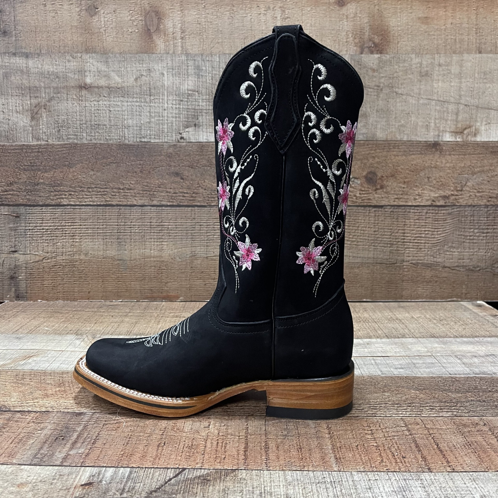 Women’s Western Rodeo Square Toe Cowgirl Boots Pink Flowers Nobuck Flor Rosa 804