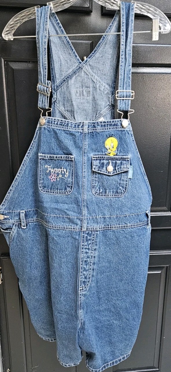 Vintage Womens 26/28 48×6 Y2K Looney Tunes Tweety Bird Denim Short Bib Overalls