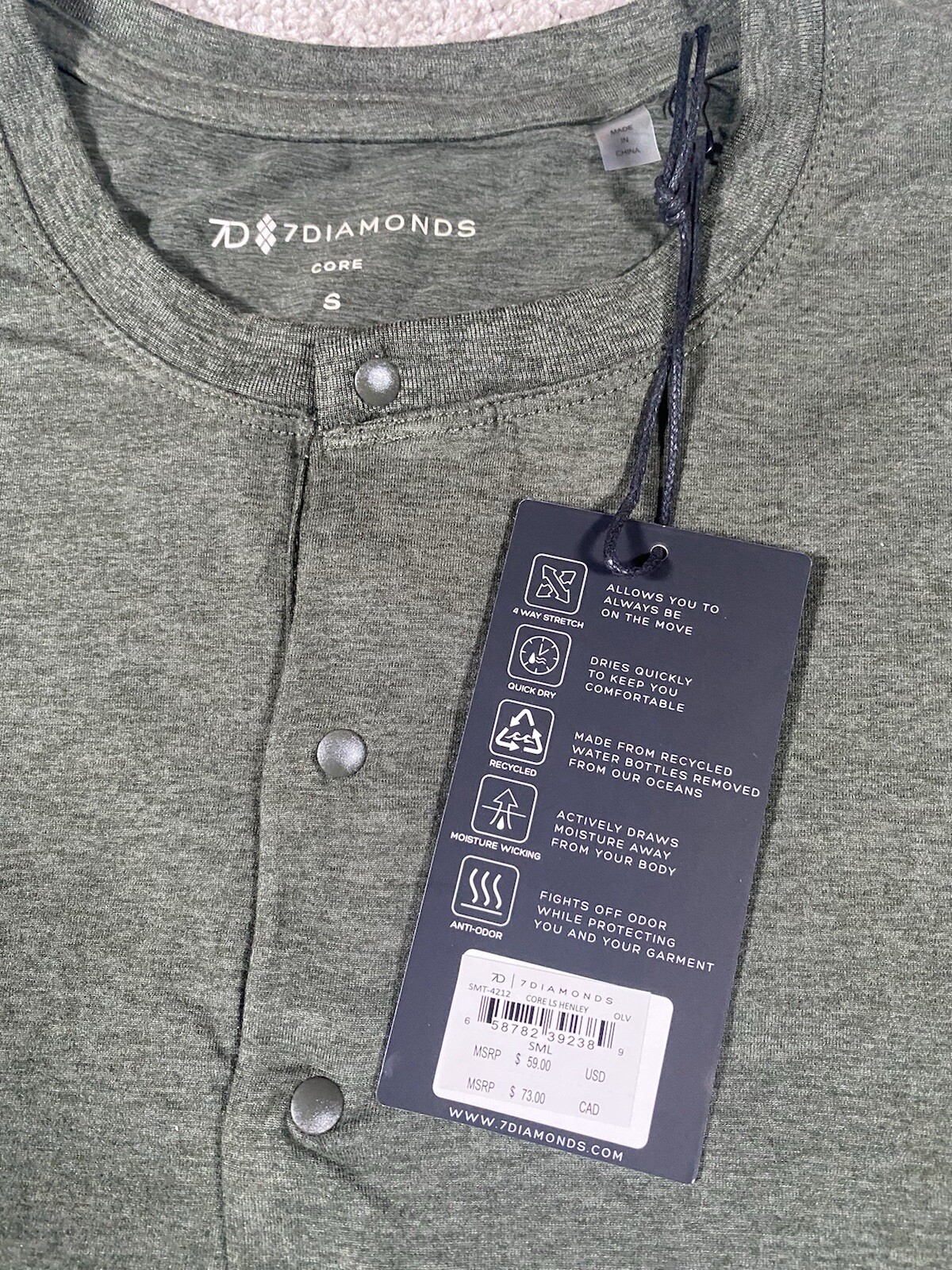 7D 7 Diamonds Core Henley Performance Shirt Long Sleeve Olive Green Men’s Size S