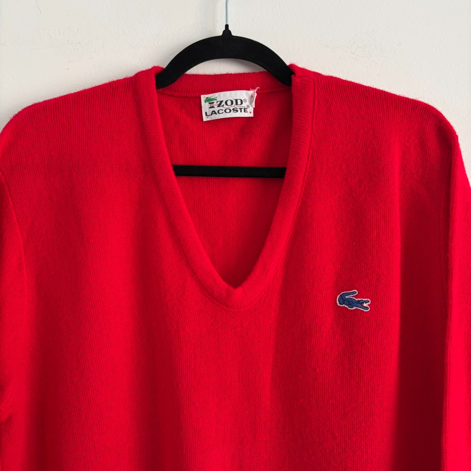 Vintage 80s IZOD Lacoste V Neck Sweater Men’s Large Red USA Orlon Acrylic Preppy