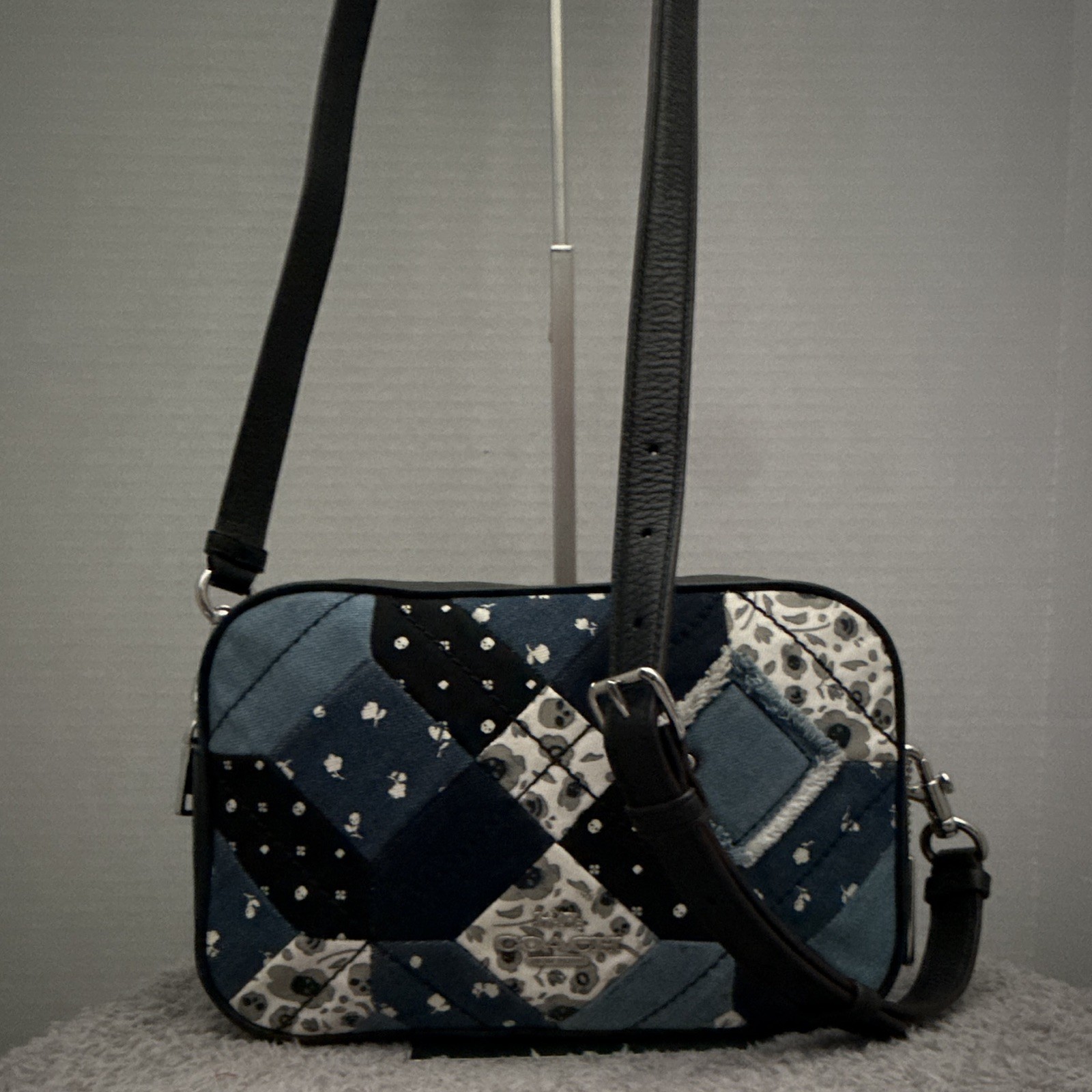 Coach Patchwork Crossbody Bag Blue Black White, Double Zip, Detachable Strap