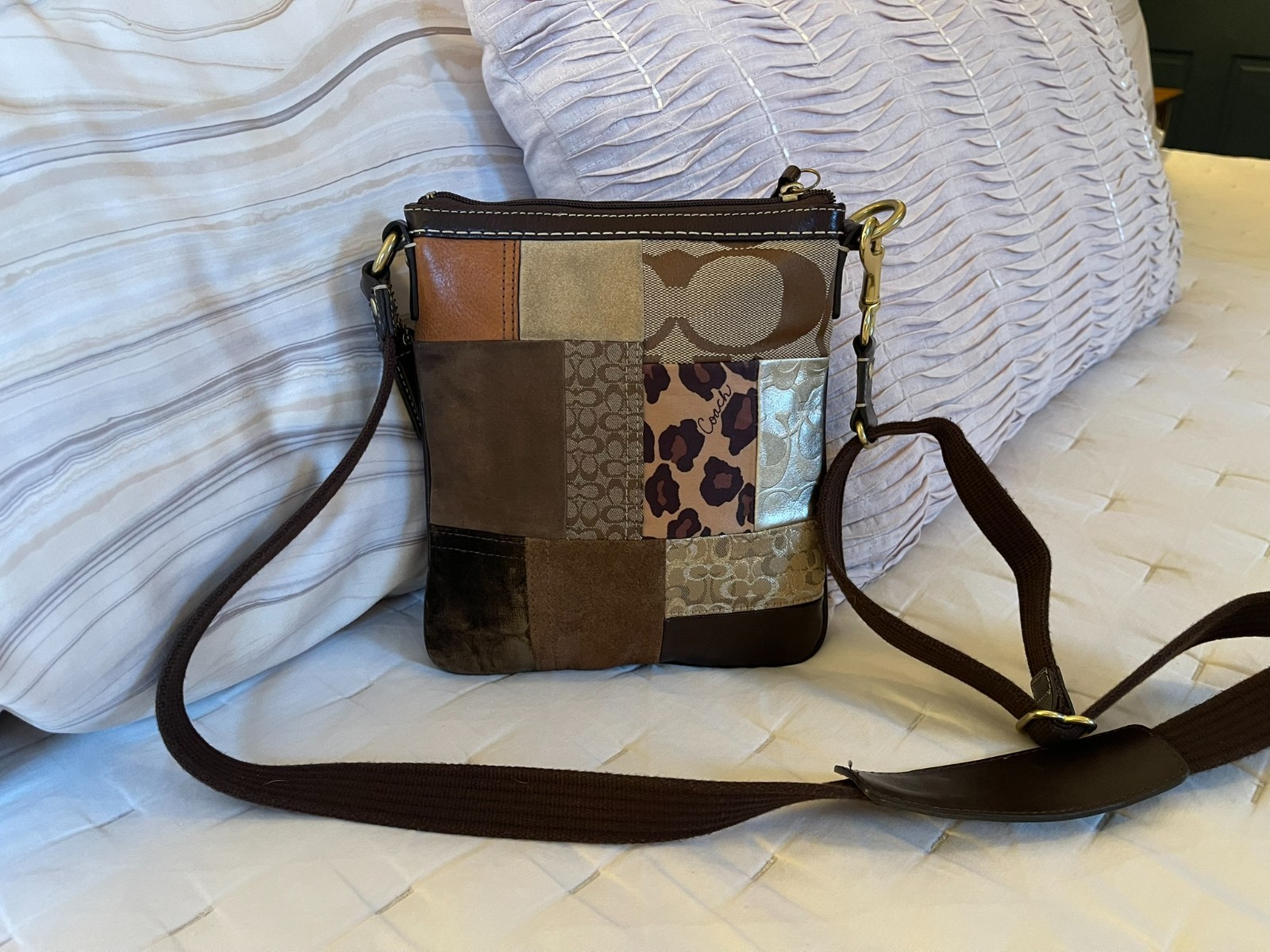 Coach Patchwork Swingpack Crossbody + Matching Wristlet Y2K Mixed Media Leopard